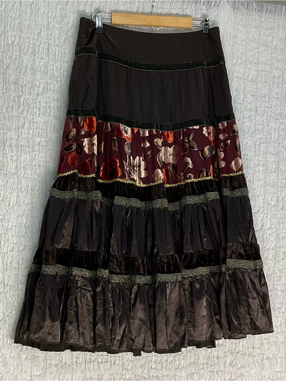 Lulumari Women’s Large Brown Floral Tiered Maxi Skirt Velvet Beaded Boho Y2K